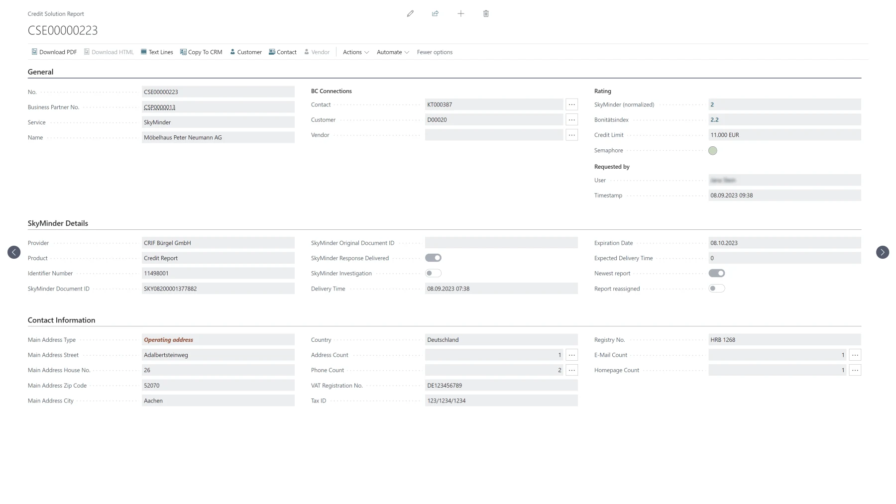 Auskunfts-Eintrag in Business Central mit Rating, Kreditlimit und Adressdaten