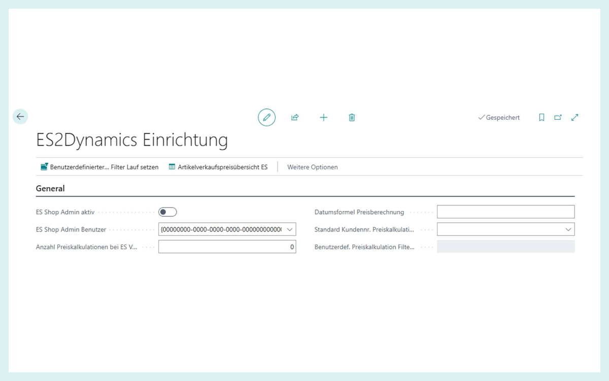 Einrichtungsseite von ElectronicSales2Dynamics in Business Central