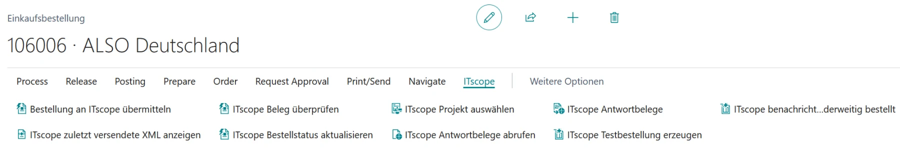 ITscope-Menüband auf der Einkaufsbestellung in Business Central
