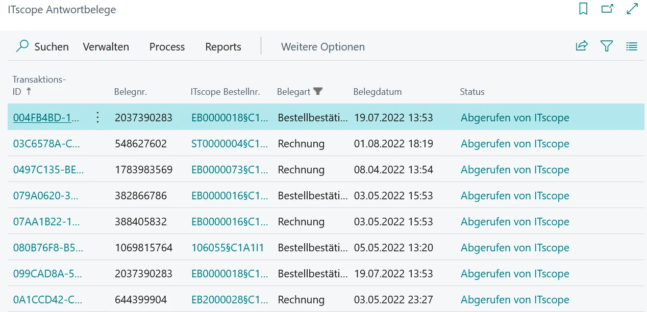 Liste der ITscope-Antwortbelege mit Bestellbestätigungen und Rechnungen