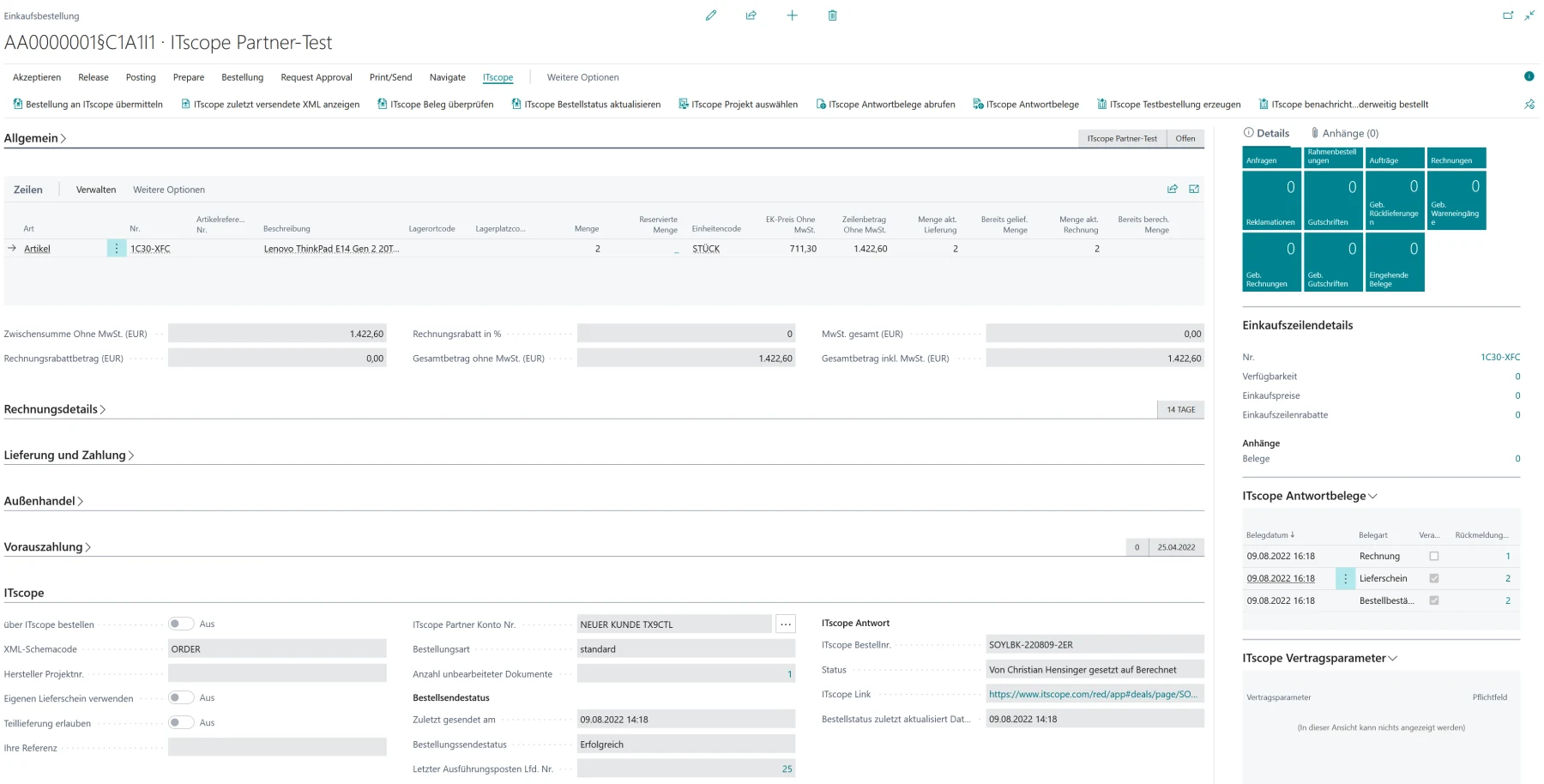 Einkaufsbestellung mit ITscope-Infobereich, Bestellstatus und Antwortbelegen