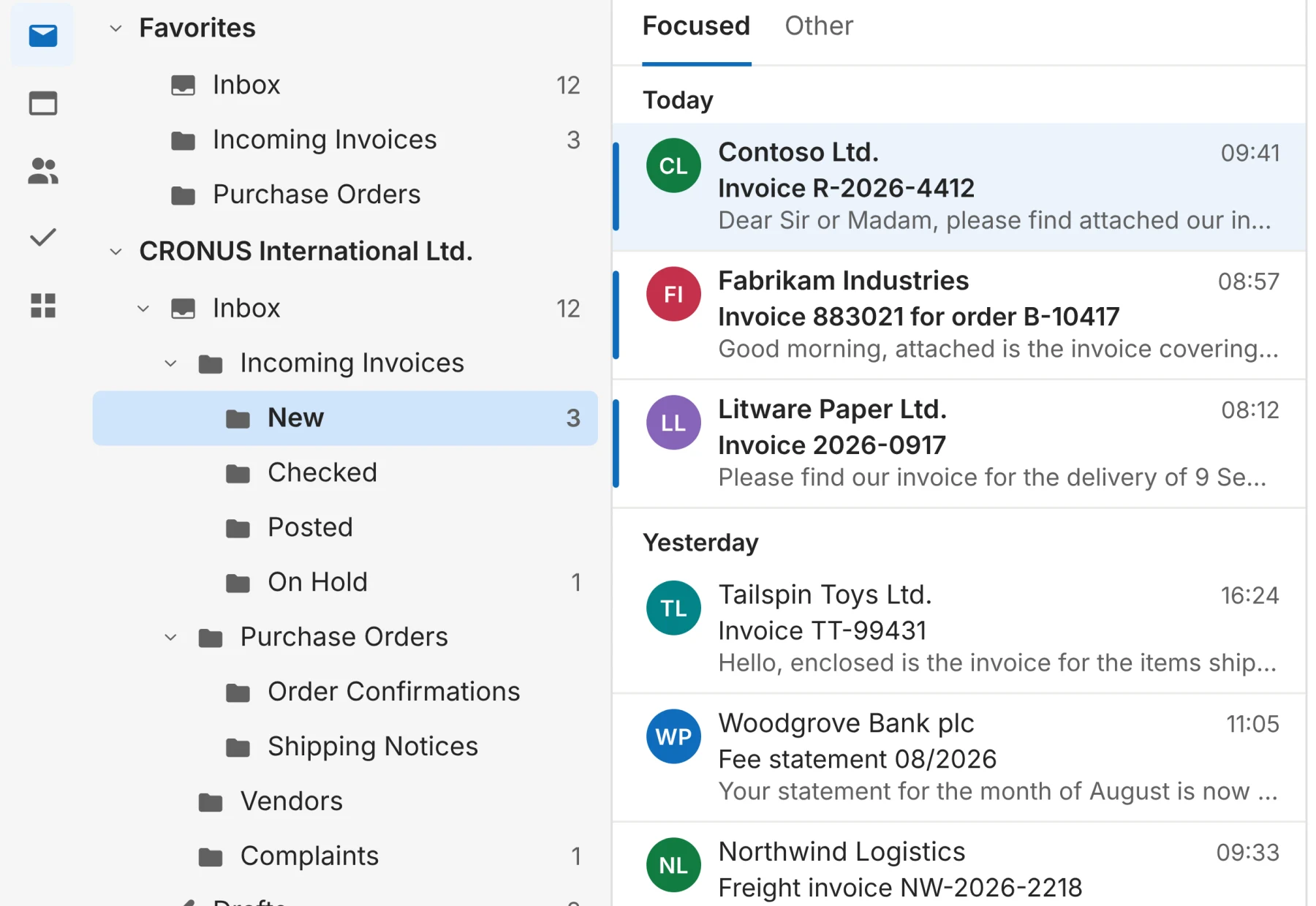 An Outlook mailbox with the folders Incoming Invoices, New, Checked, Posted and On Hold, beside an invoice mail with a PDF attachment