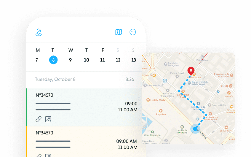 Die Praxedo-App mit den Einsätzen des Tages, ihren Zeiten und der Route auf der Karte
