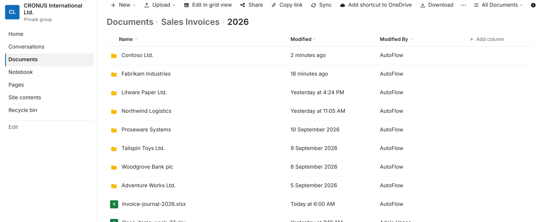 A SharePoint library of sales invoices, one folder per customer, modified by AutoFlow