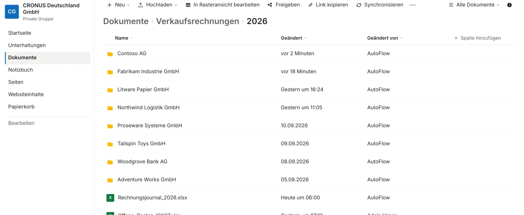 SharePoint-Bibliothek mit Verkaufsrechnungen, je ein Ordner pro Kunde, geändert von AutoFlow