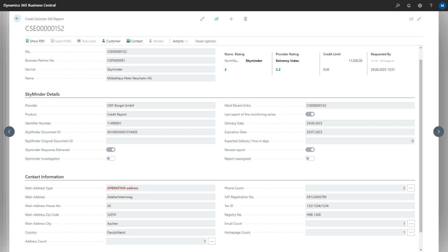 Auskunfts-Eintrag in Business Central mit SkyMinder-Details, Rating und Kreditlimit