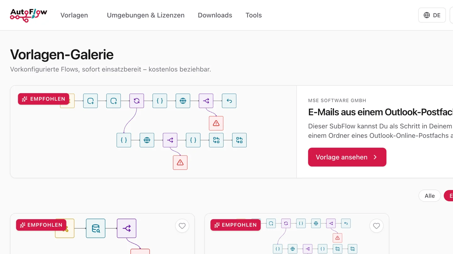 Die Vorlagen-Galerie im AutoFlow-Portal: vorkonfigurierte Flows, eine empfohlene Vorlage oben und weitere darunter.