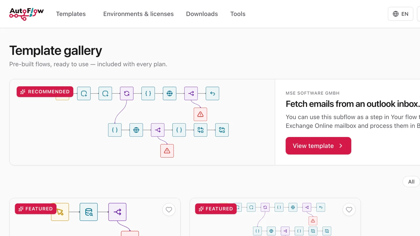The template gallery in the AutoFlow portal: pre-built flows, a recommended template at the top and more below it.