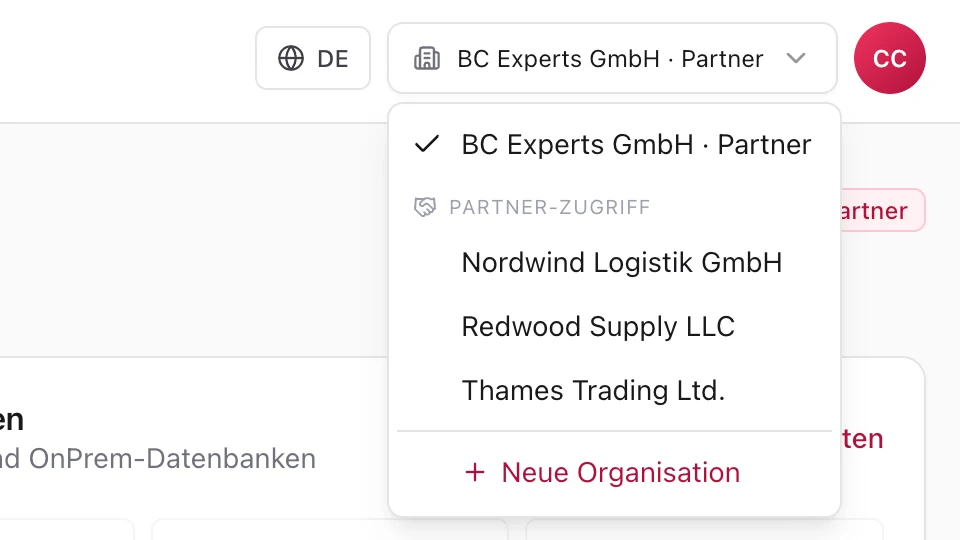 Der Organisationswechsler im AutoFlow-Portal: unter Partner-Zugriff stehen die betreuten Kunden Nordwind Logistik, Redwood Supply und Thames Trading.