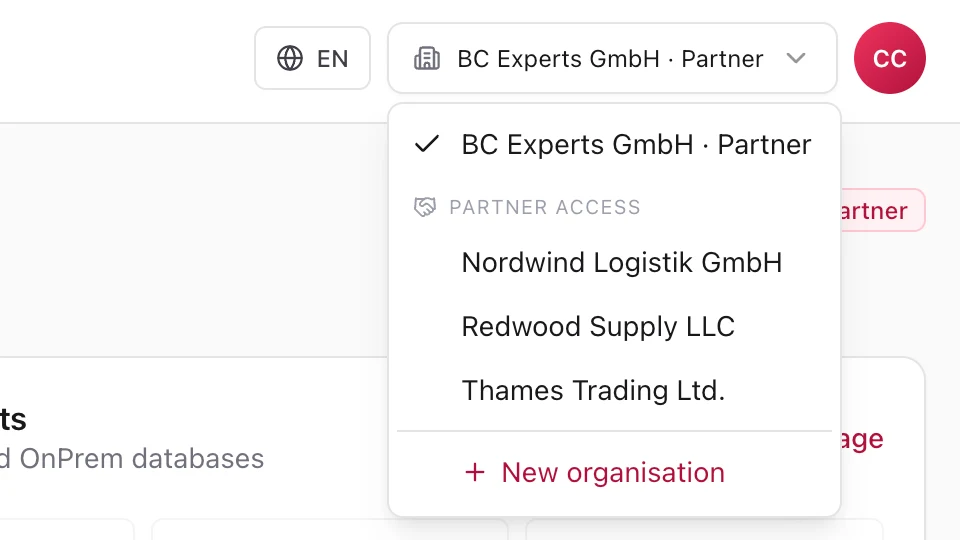 The organisation switcher in the AutoFlow portal: the managed customers Nordwind Logistik, Redwood Supply and Thames Trading are listed under partner access.