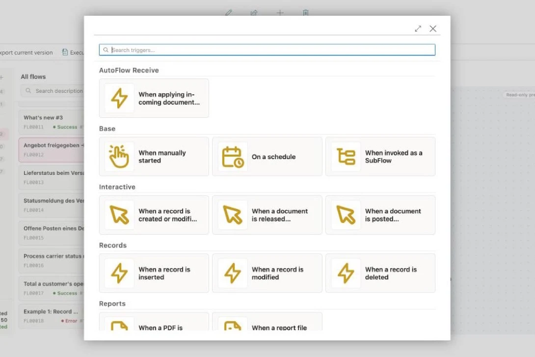 The trigger list shown when a new flow is created.