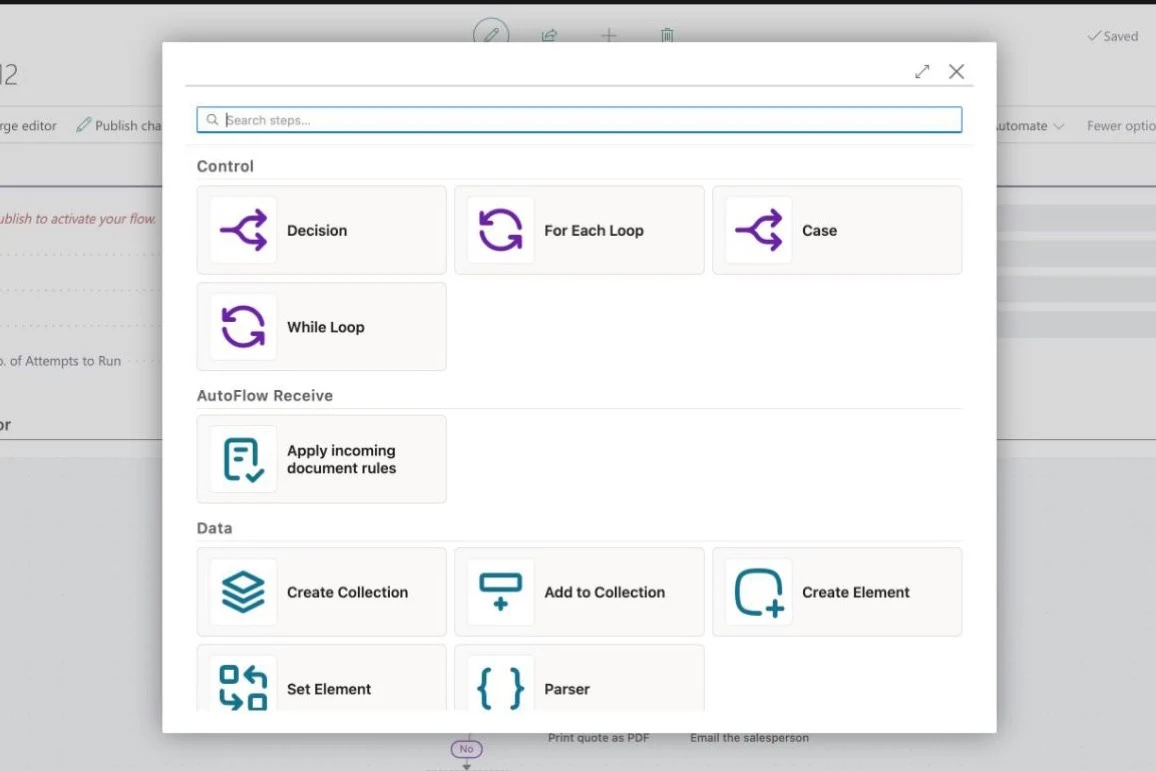 The step picker in the AutoFlow editor: categories such as Control and Data, holding steps like Decision, For Each Loop and Create Collection.