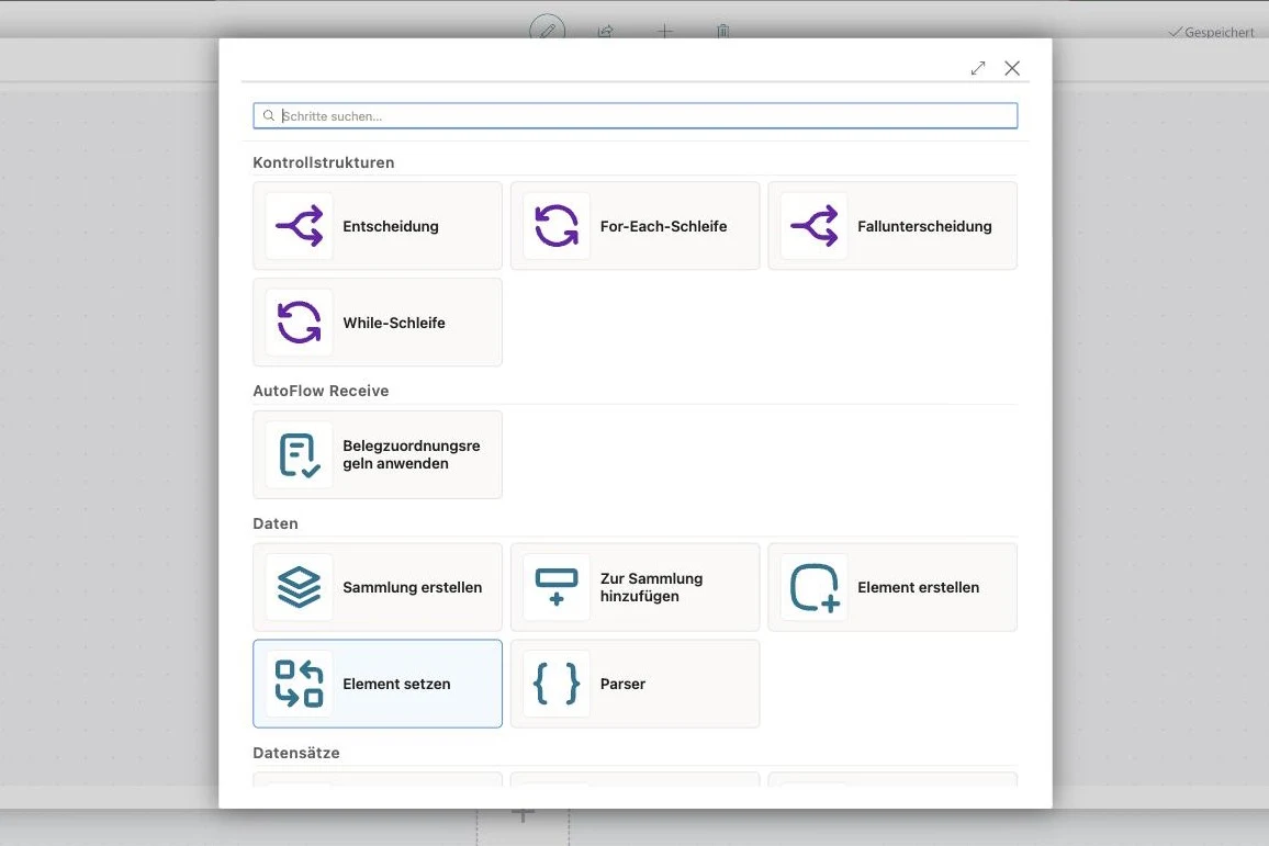 Die Schrittauswahl im AutoFlow-Editor: Kategorien wie Kontrollstrukturen und Daten, darin Schritte wie Entscheidung, For-Each-Schleife und Sammlung erstellen.