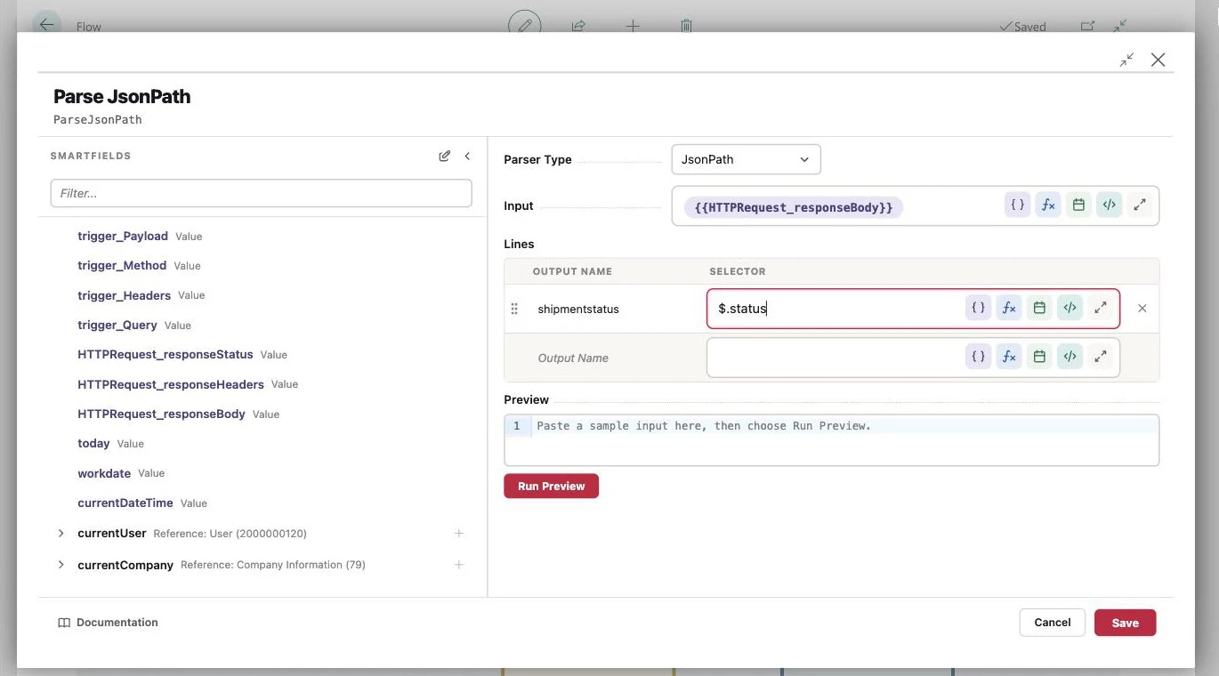 The parser step in the AutoFlow editor: its input is the SmartField produced by the HTTP request before it, with the list of available SmartFields on the left.