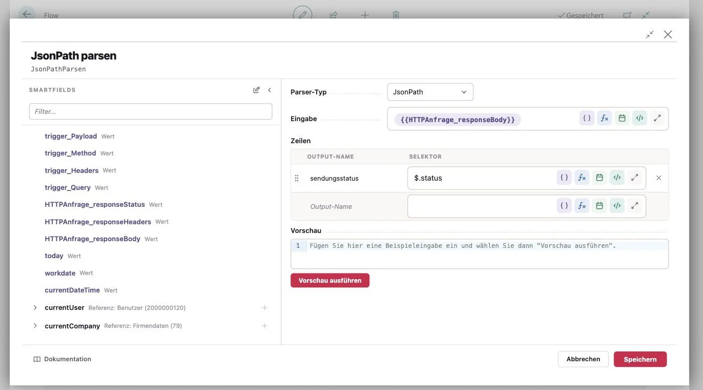 Der Parser-Schritt im AutoFlow-Editor: Als Eingabe steht das SmartField aus der HTTP-Anfrage davor, links die Liste der verfügbaren SmartFields.