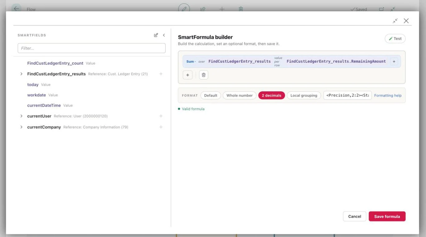 The SmartFormula editor: a sum over the customer ledger entries that were found, the value per row being the remaining amount, formatted to two decimal places.