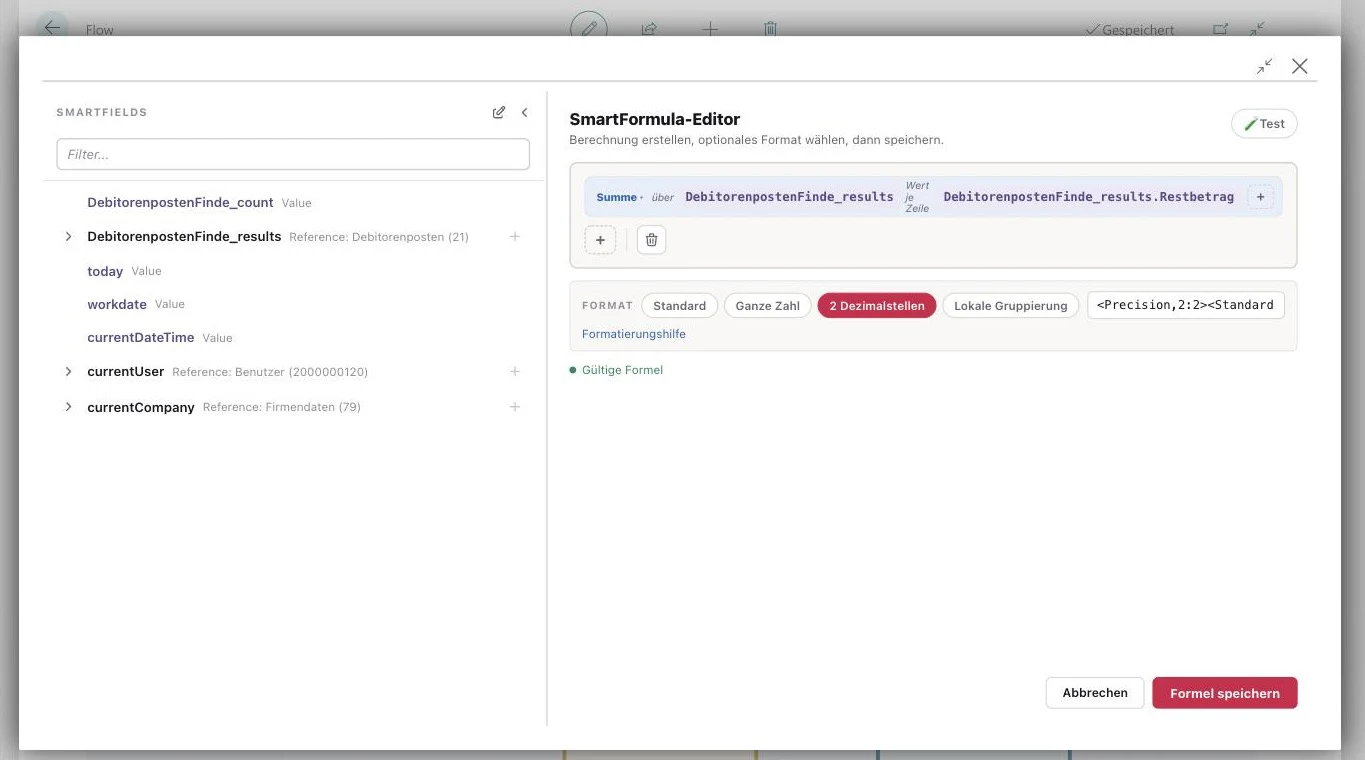 Der SmartFormula-Editor: eine Summe über die gefundenen Debitorenposten, Wert je Zeile ist der Restbetrag, formatiert auf zwei Dezimalstellen.