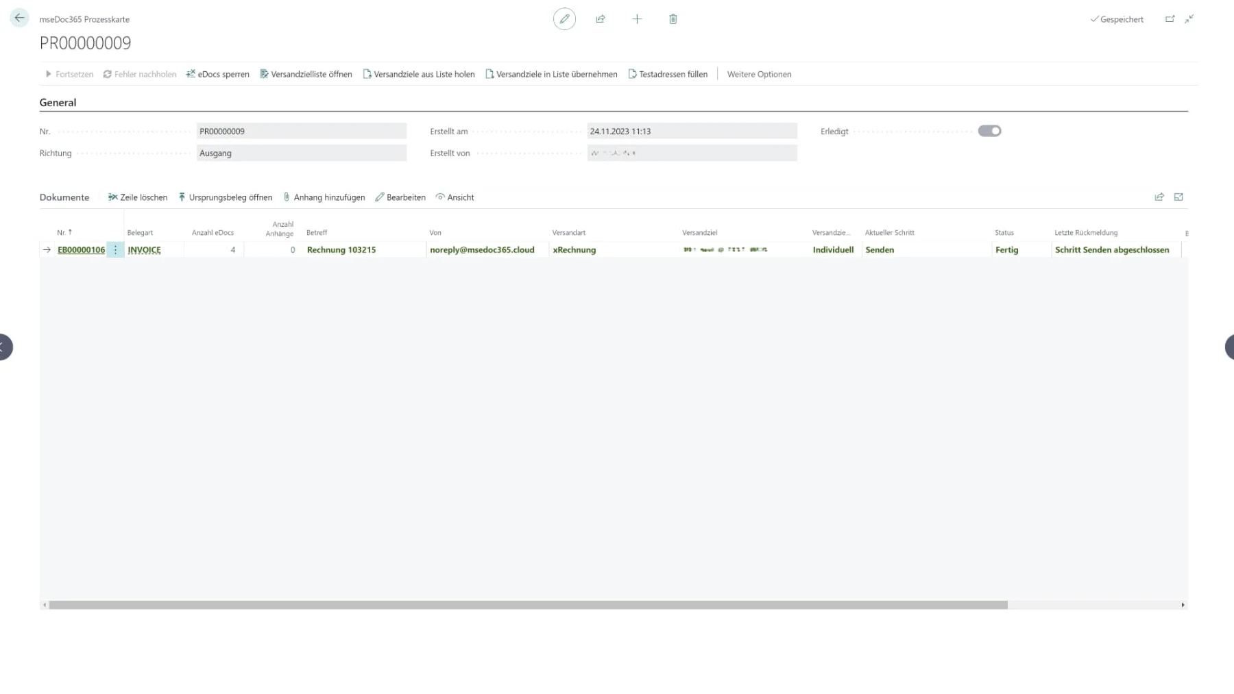 Prozesskarte eines Belegausgangs in Business Central mit Versandart, Versandziel und Status
