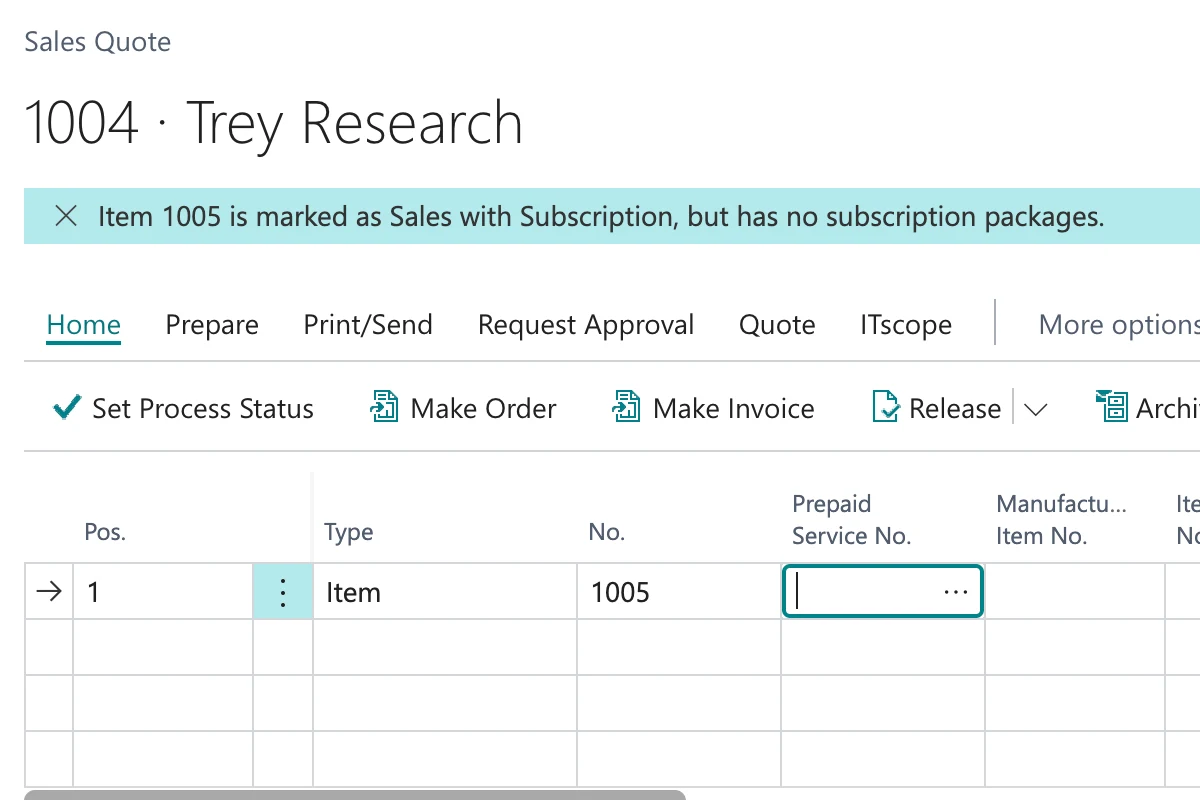 A Business Central sales quote where, as the line is entered, a notice says item 1005 is marked as sales with subscription but has no subscription packages.