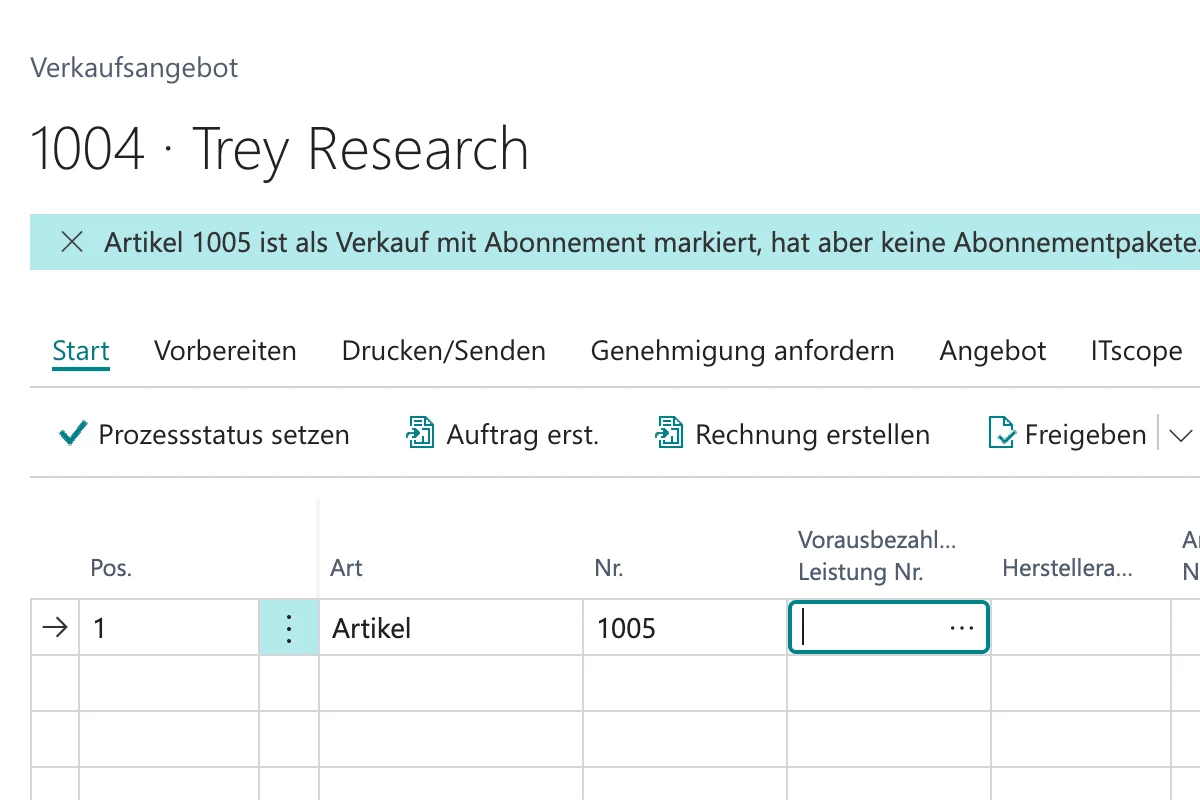 Verkaufsangebot in Business Central mit dem Hinweis, dass Artikel 1005 als Verkauf mit Abonnement markiert ist, aber keine Abonnementpakete hat