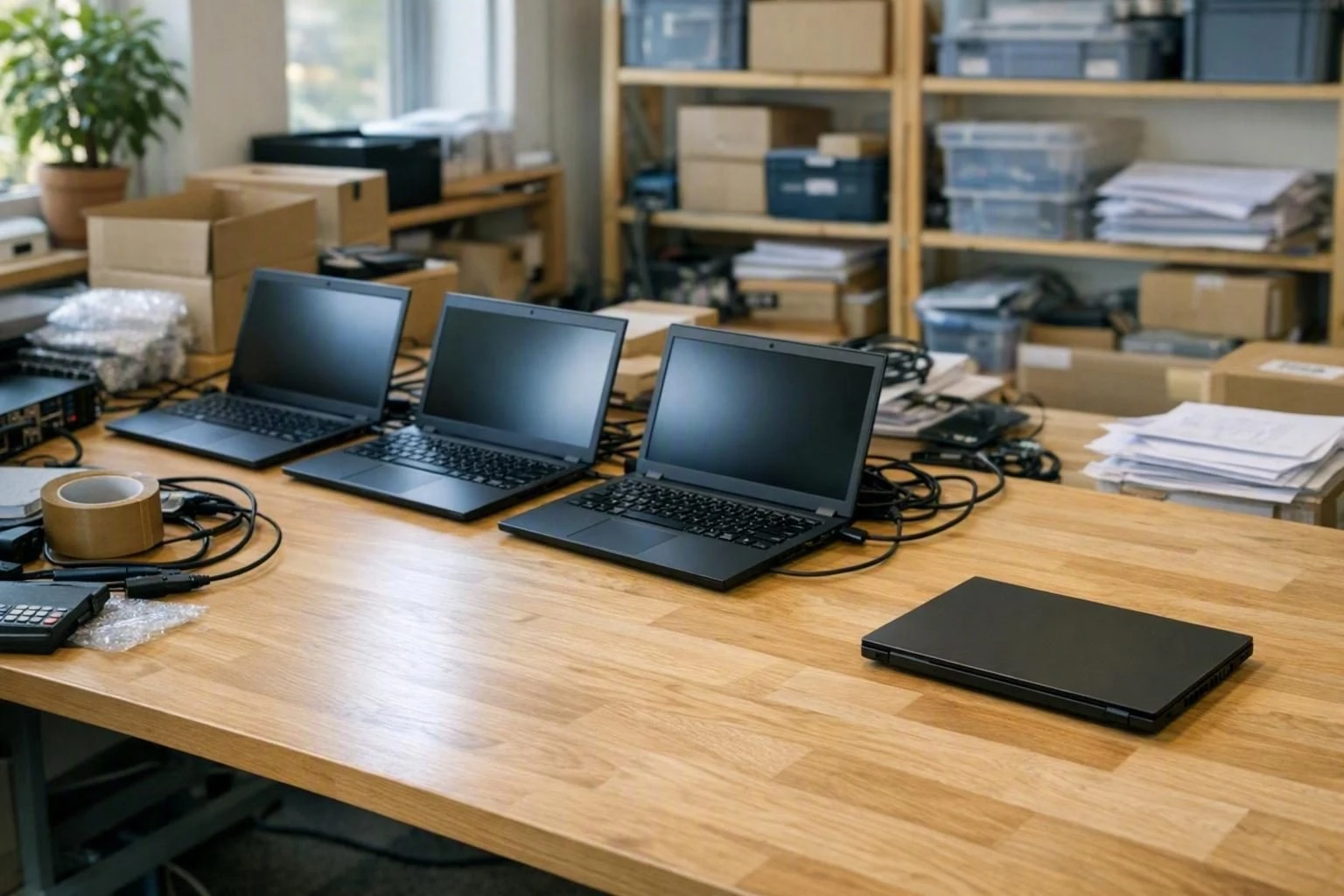 Mehrere identisch vorbereitete Notebooks zur Auslieferung, eines liegt abseits der Reihe