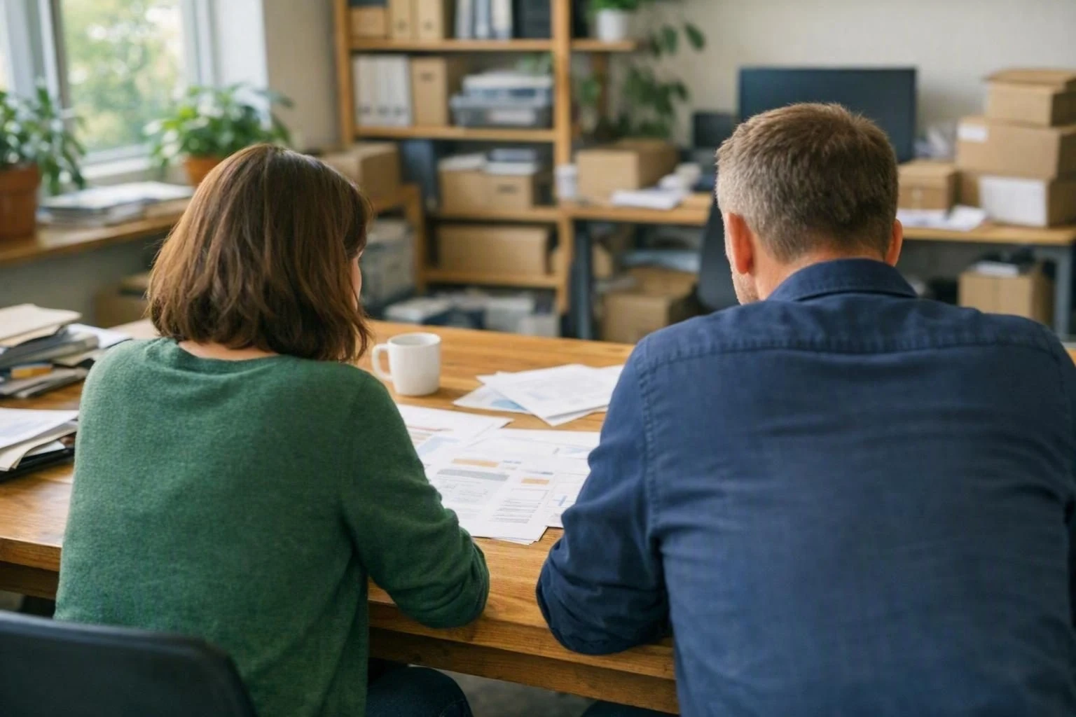 Zwei Personen an einem Besprechungstisch, von hinten aufgenommen, vor ihnen Papiere und Tassen