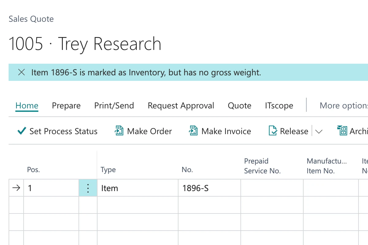 A Business Central sales quote with the notice that item 1896-S is marked as inventory but has no gross weight