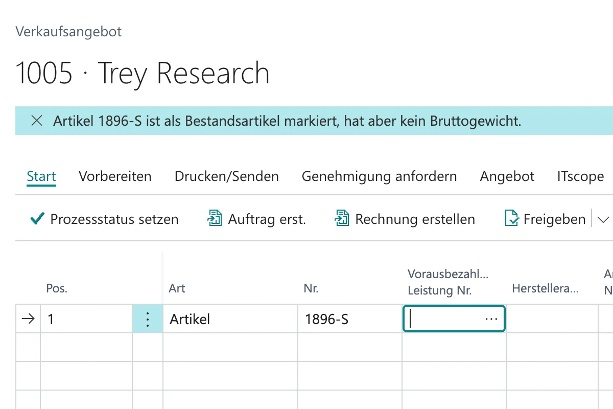 Verkaufsangebot in Business Central mit dem Hinweis, dass Artikel 1896-S als Bestandsartikel markiert ist, aber kein Bruttogewicht hat