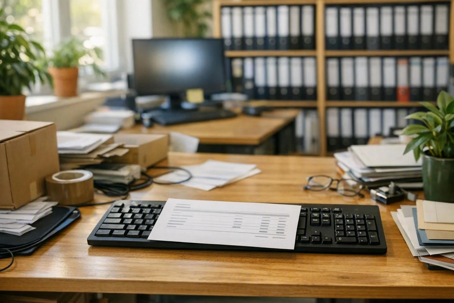 Ein Büroschreibtisch, ein einzelner Beleg liegt quer über der Tastatur, dahinter ein Regal voller Ordner