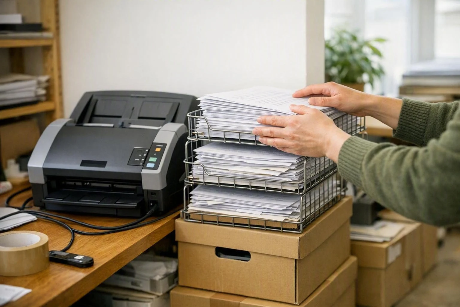 Ein überfüllter Ablagekorb neben einem Dokumentenscanner, weitere Kartons darunter