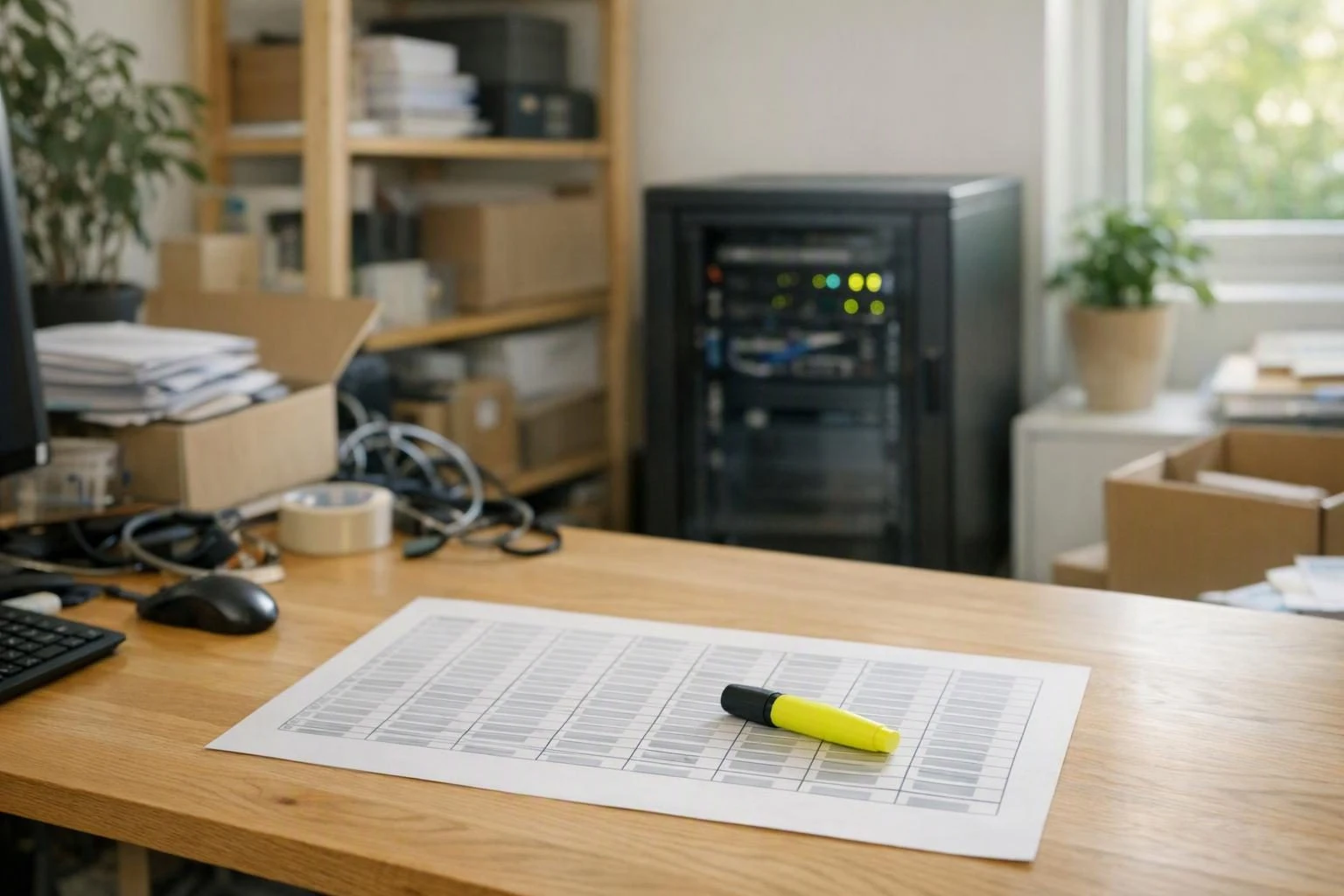 Ein kleiner Serverschrank in einem hellen Büro, daneben ein Arbeitsplatz mit einem Ausdruck voller Spalten