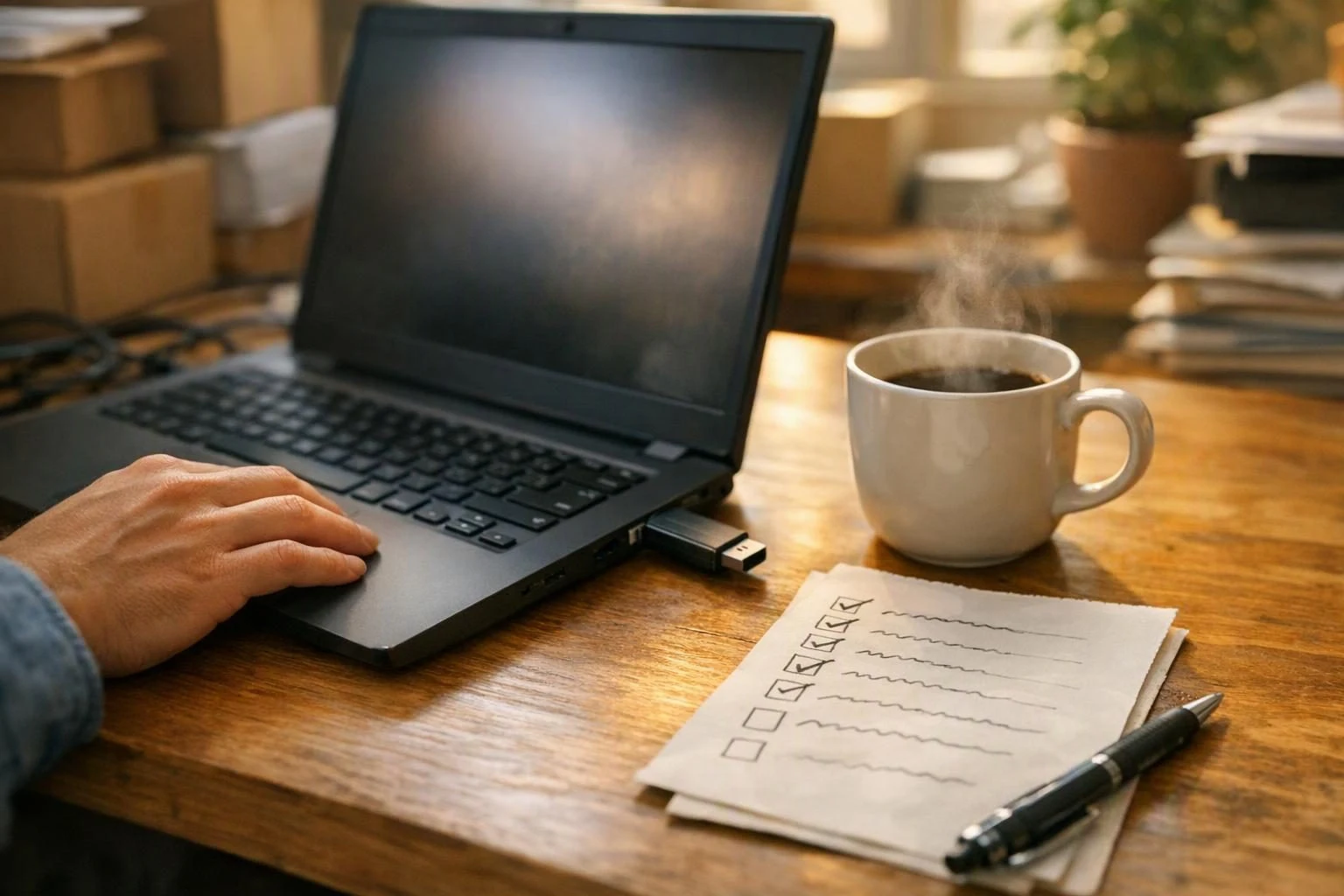 Ein Arbeitsplatz am frühen Morgen, ein USB-Stick steckt im Laptop, daneben ein Kaffee und eine Liste zum Abhaken