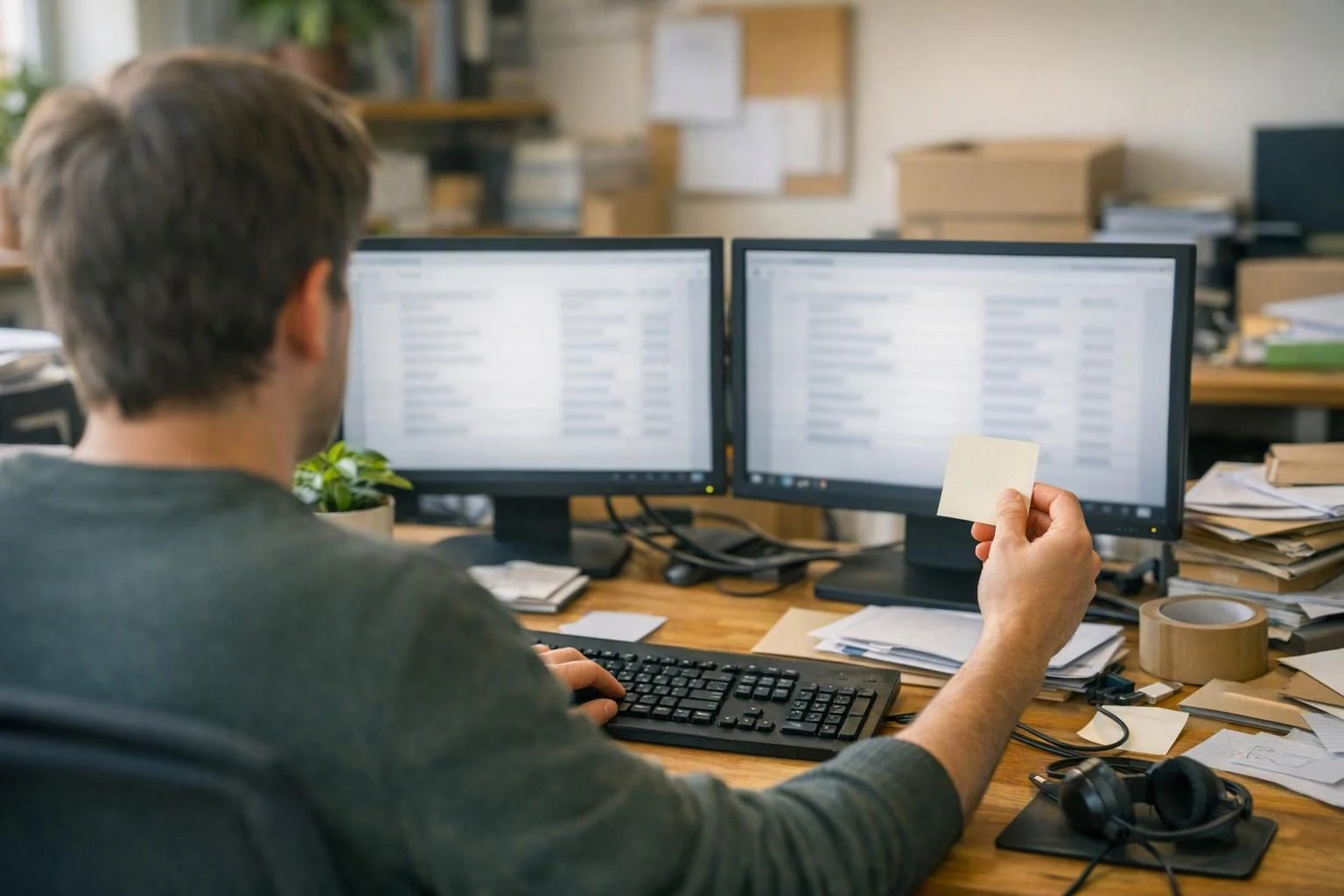 Zwei Monitore nebeneinander, eine Hand tippt, die andere hält einen Zettel mit Notizen daneben