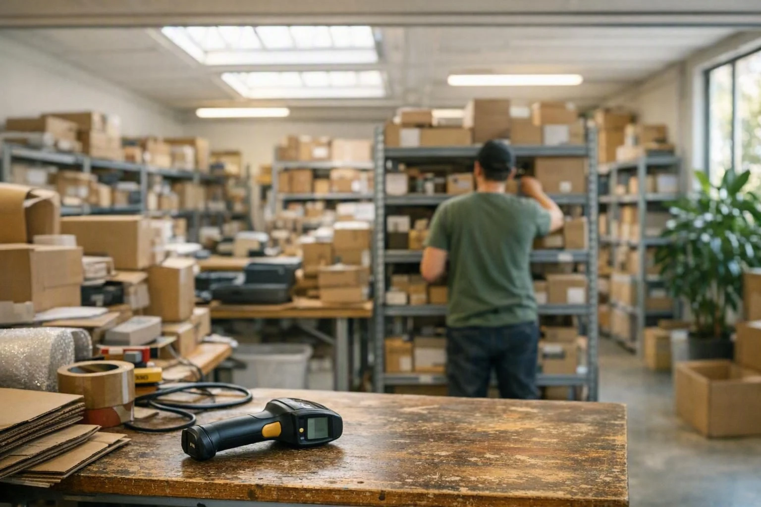 Blick über einen Lagerbereich, im Hintergrund arbeitet jemand an einer Regalreihe, vorn liegt ein Handscanner