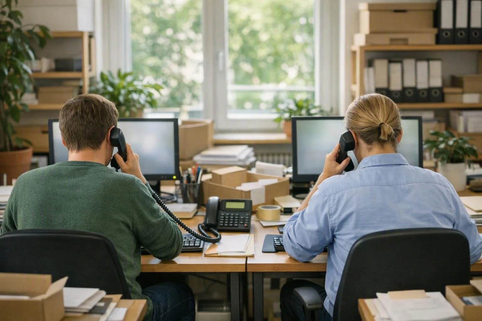 Zwei gleich eingerichtete Schreibtische, an beiden telefoniert jemand