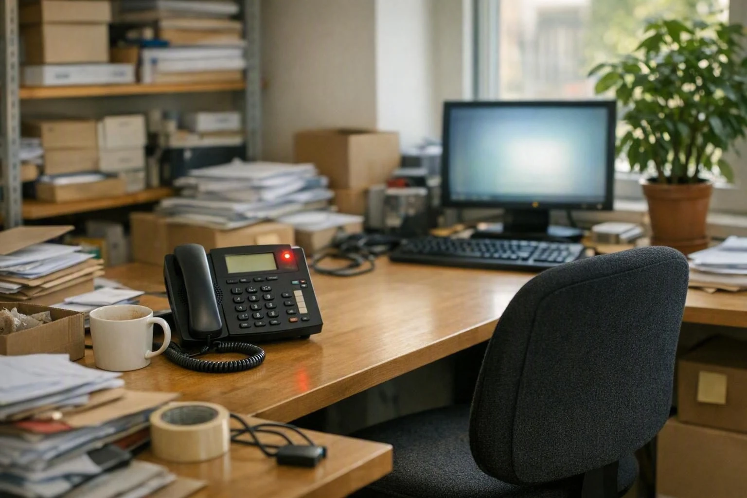 Ein leerer Servicearbeitsplatz, am Tischtelefon leuchtet eine Anzeige